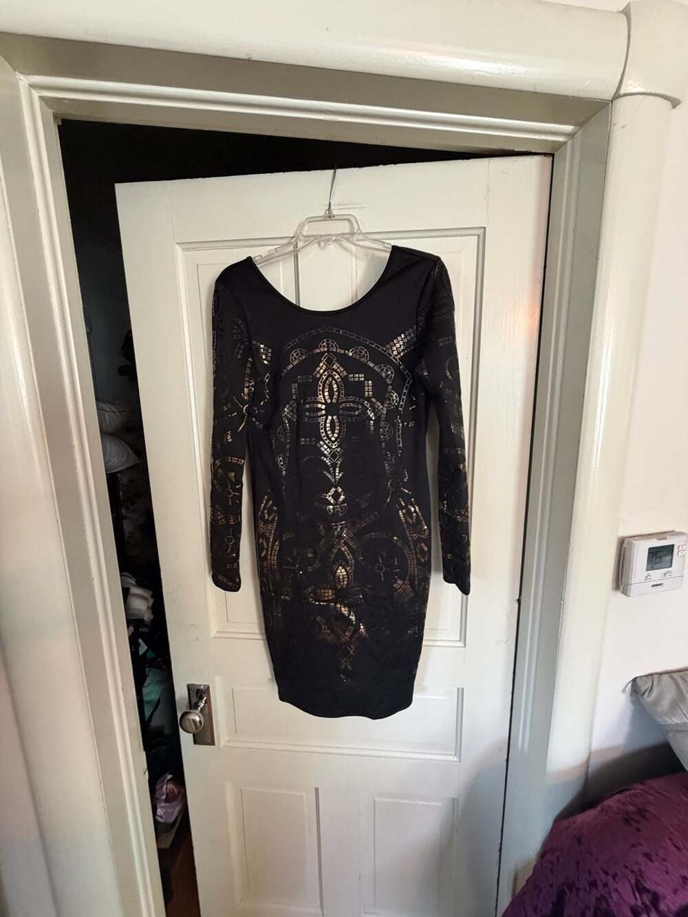 K-Too Black and Gold Metallic Geometric Pattern Long Sleeve Bodycon Dress